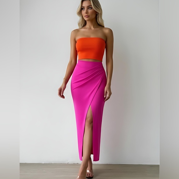 By Design Dresses & Skirts - Slit Thigh Rib-knit Tube Dress Pink Orange
